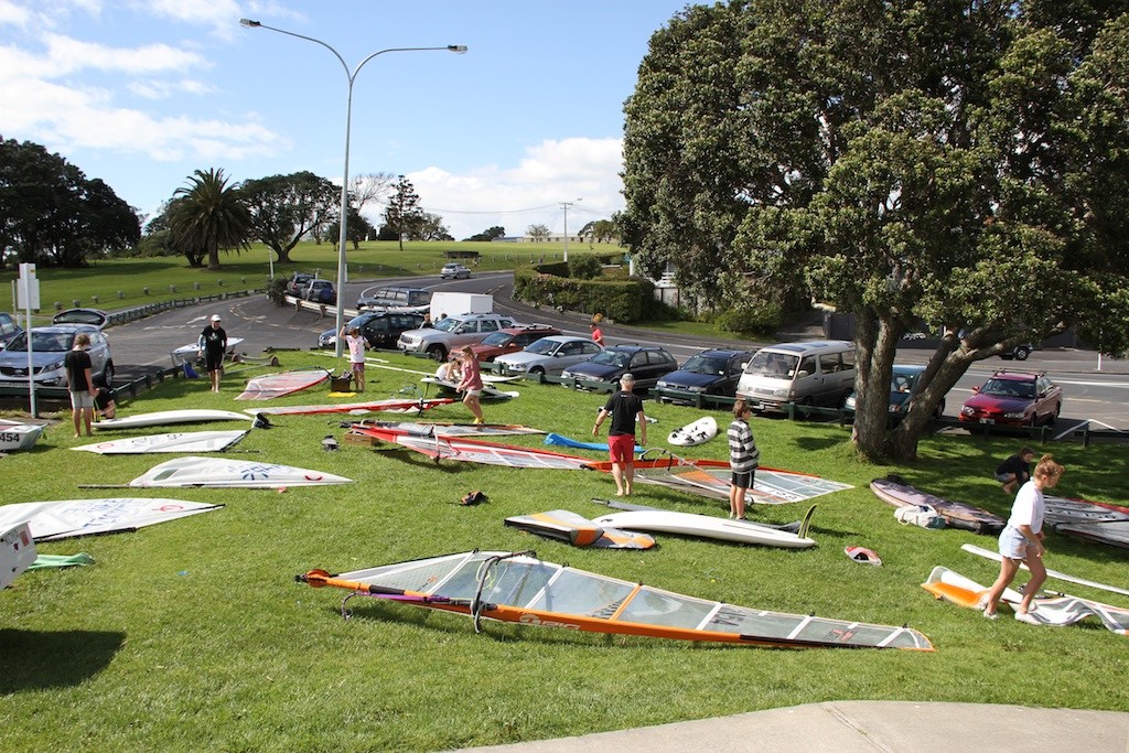A group of new windsurfers rig up at Wakatere Boating Club - Opening Day 2011 © Richard Gladwell www.photosport.co.nz